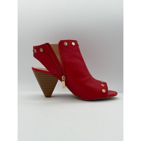 Vince Camuto Red Leather Peep-Toe Studded Bootie Heels 7.5W With Zipper Closure - Picture 5 of 8